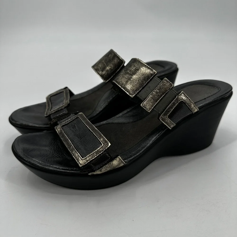 Naot Womens Metallic‎ Distressed Black Leather Wedge Slide Sandals Buckle Punk